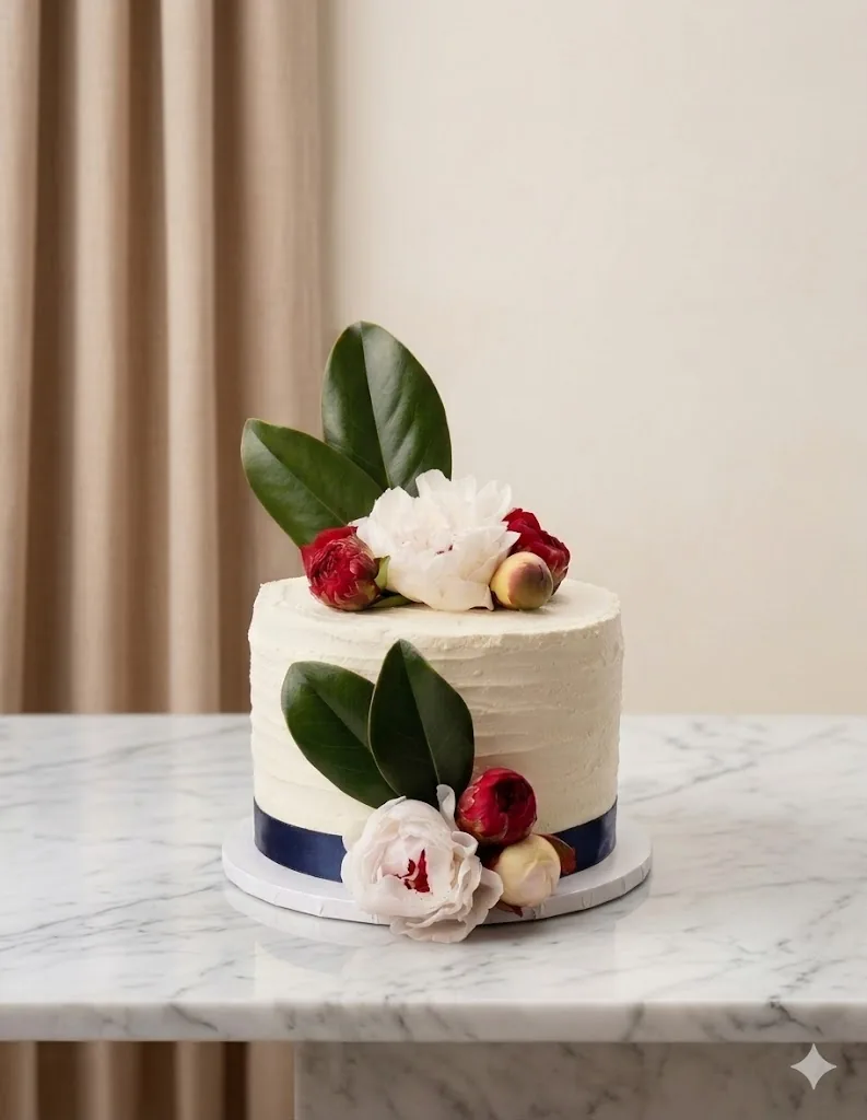 Large single-tier round cake with florals